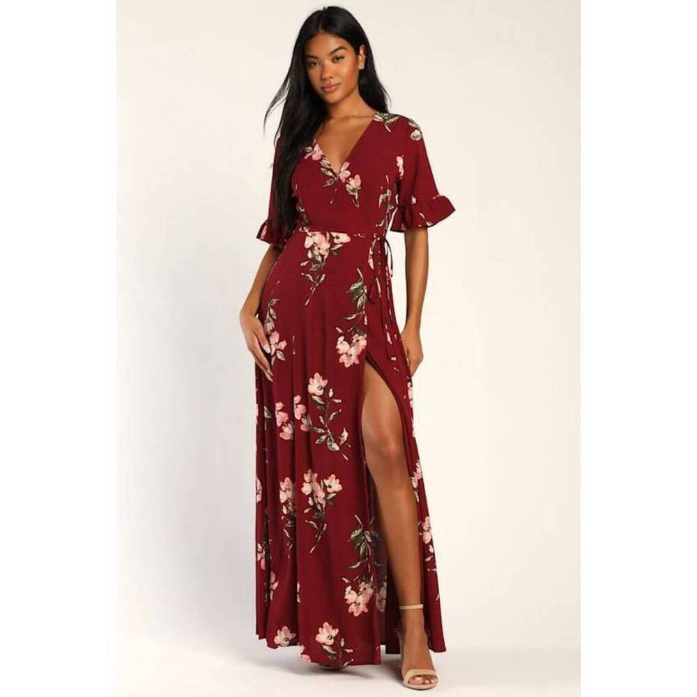 Lulus September Sunsets Burgundy Floral Print Wrap Maxi Dress Red - Size S